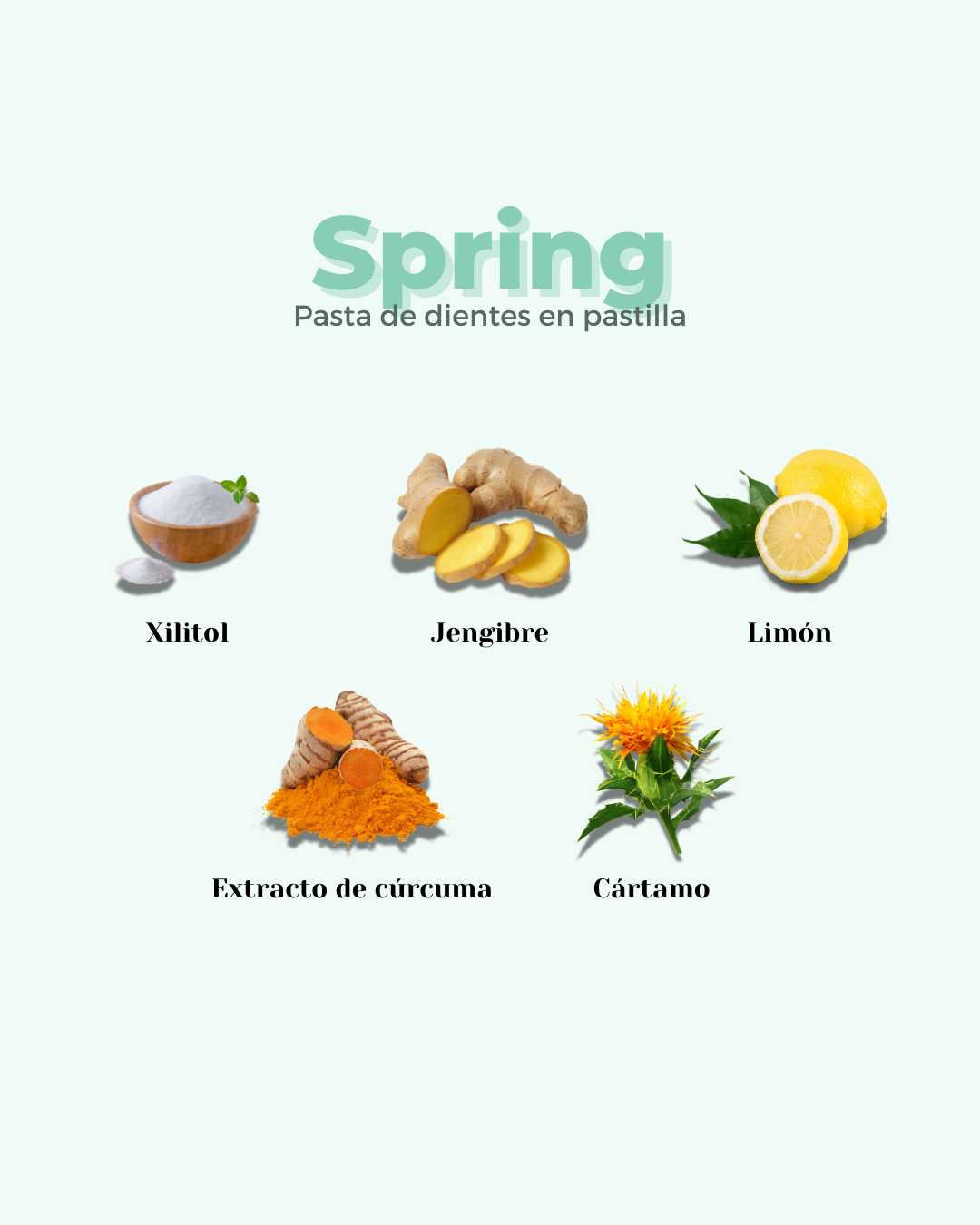 Infografía de los ingredientes de la pastilla de dientes Spring de Banbu: xilitol, jengibre, limón, extracto de cúrcuma y cártamo para una limpieza natural.
