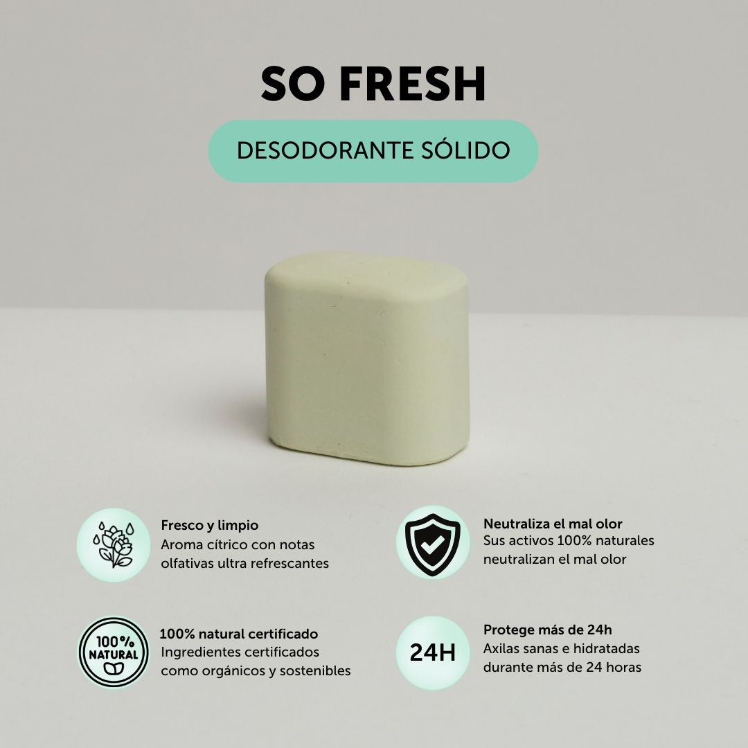 Desodorante sólido natural so fresh de banbu te deja fresco y limpio con un aroma cítrico, además neutraliza el mal olor gracias a sus activos naturales que protegen e hidratan durante más de 24 horas