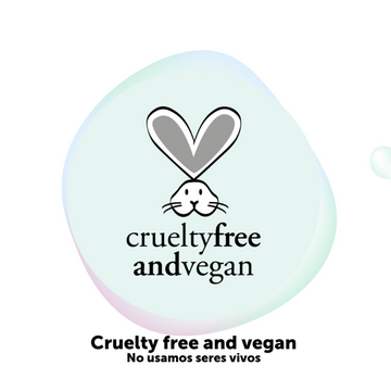  Imagen destacando que el producto es cosmética cruelty-free y vegana, garantizando que no se ha realizado ninguna prueba en animales y que no contiene ingredientes de origen animal.